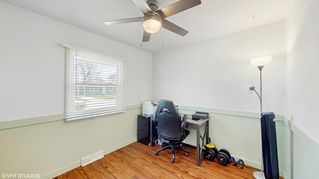 2818 Brentwood Dr, Racine, WI 53403 - home office with a ceiling fan, wood finished floors, and baseboards