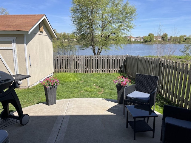 view of patio featuring a water view