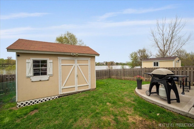 view of shed featuring a water view