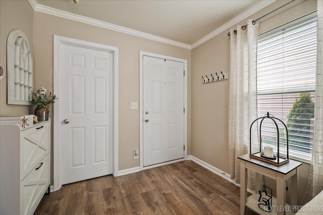 entryway with healthy amount of natural light, dark wood finished floors, crown molding, and baseboards