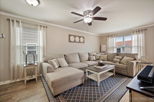 living room featuring a ceiling fan, wood finished floors, and ornamental molding