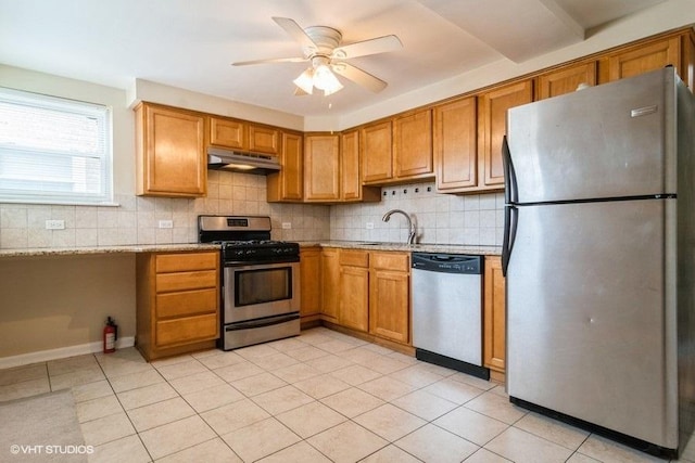 2642 N Harlem Ave Unit Gw, Elmwood Park, IL 60707 - kitchen featuring stainless steel appliances, under cabinet range hood, a sink, decorative backsplash, and ceiling fan