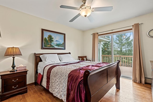 bedroom with access to exterior, hardwood / wood-style floors, ceiling fan, and baseboards