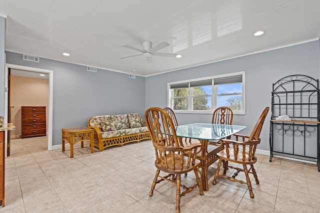 dining room with ceiling fan, recessed lighting, baseboards, and light tile patterned floors