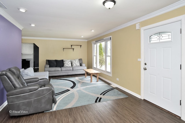 193 Thunderbird Trl, Carol Stream, IL 60188 - living area with dark wood-style flooring, ornamental molding, baseboards, and visible vents
