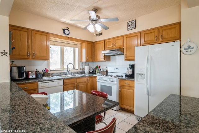 4534 N Cumberland Ave Unit 207, Chicago, IL 60656 - kitchen featuring white appliances, under cabinet range hood, a sink, ceiling fan, and brown cabinets