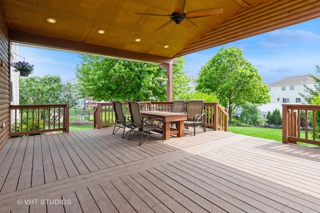 129 S Palmer Dr, Bolingbrook, IL 60490 - wooden deck with outdoor dining area and a ceiling fan