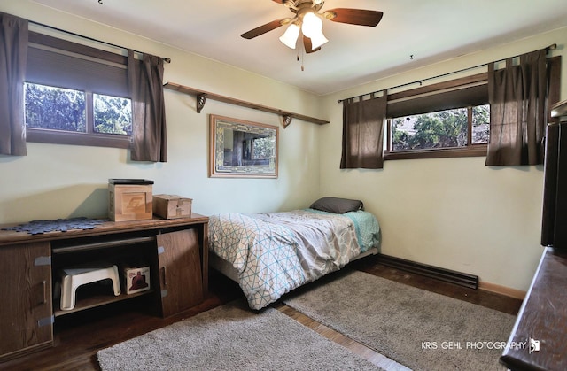 bedroom featuring multiple windows, wood finished floors, and baseboards