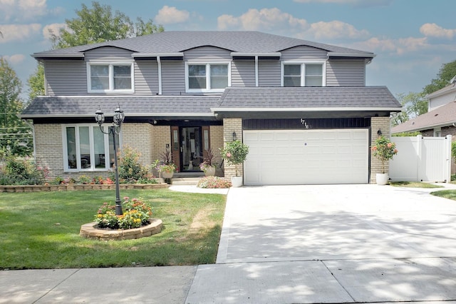 1716 N Beech Rd, Mount Prospect, IL 60056 - view of front of house featuring fence, brick siding, a garage, a front yard, and concrete driveway