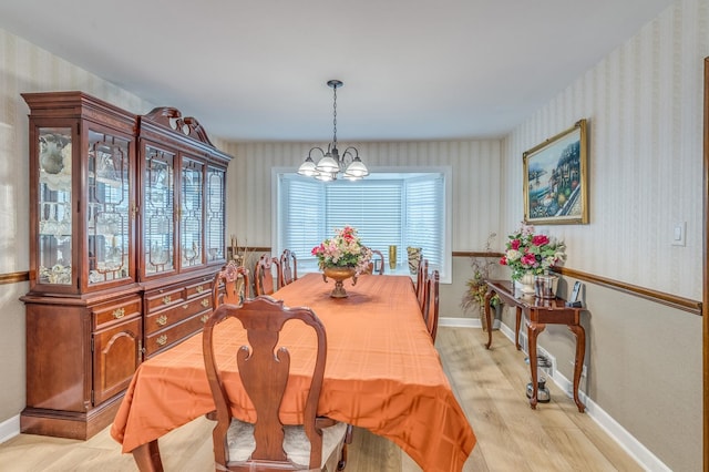 1716 N Beech Rd, Mount Prospect, IL 60056 - dining area with baseboards, a chandelier, wallpapered walls, and light wood-type flooring