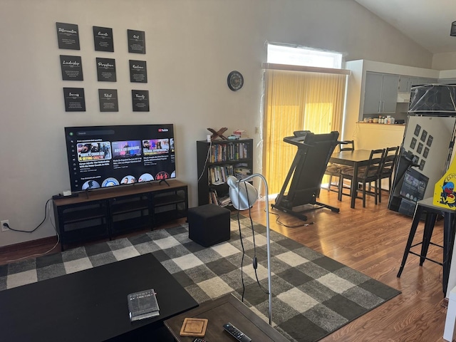 living area featuring wood finished floors and high vaulted ceiling