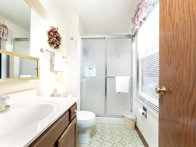 1602 S Surrey Ln, Arlington Heights, IL 60005 - full bathroom featuring vanity, tile patterned floors, a stall shower, and toilet