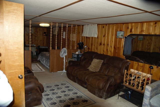 3843 Dempster St, Skokie, IL 60076 - living room featuring wood walls and carpet flooring