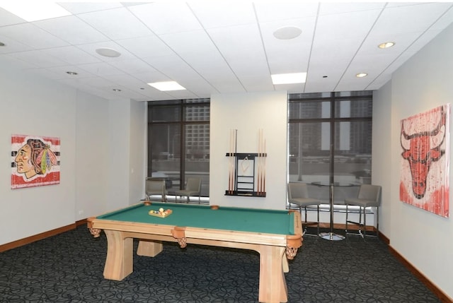 game room featuring baseboards, carpet, pool table, and recessed lighting