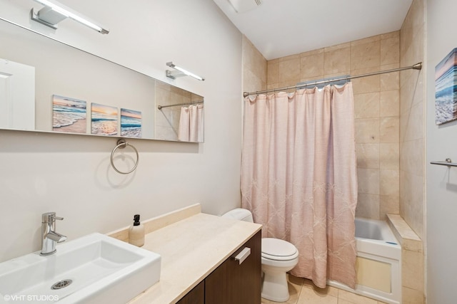 full bath with toilet, tile patterned floors, shower / bathtub combination with curtain, and vanity