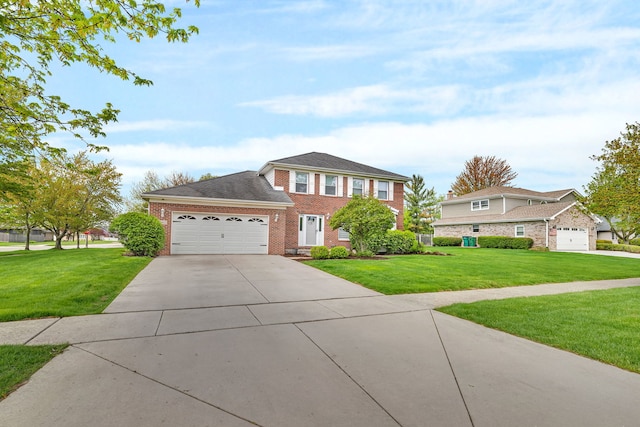 view of front of house featuring an attached garage, concrete driveway, a front lawn, and brick siding
