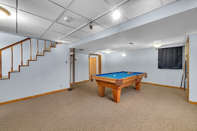 rec room with track lighting, carpet floors, a paneled ceiling, pool table, and baseboards