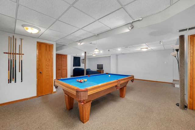 playroom featuring baseboards, carpet floors, a drop ceiling, and billiards