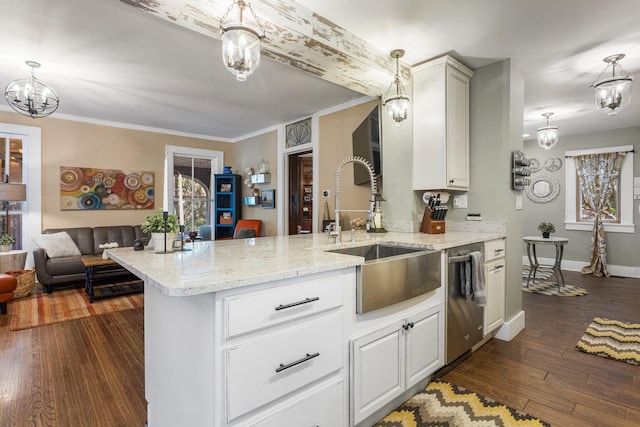 kitchen featuring a sink, dishwasher, open floor plan, light stone counters, and dark wood finished floors
