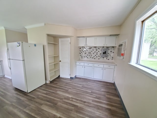 120 Grow Ln, Streamwood, IL 60107 - kitchen featuring freestanding refrigerator, white cabinetry, plenty of natural light, and light countertops