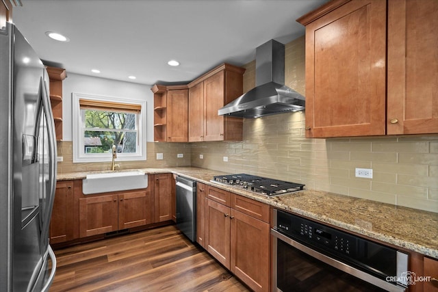 4520 W Shore Dr, Wonder Lake, IL 60097 - kitchen featuring stainless steel appliances, open shelves, wall chimney range hood, a sink, and recessed lighting