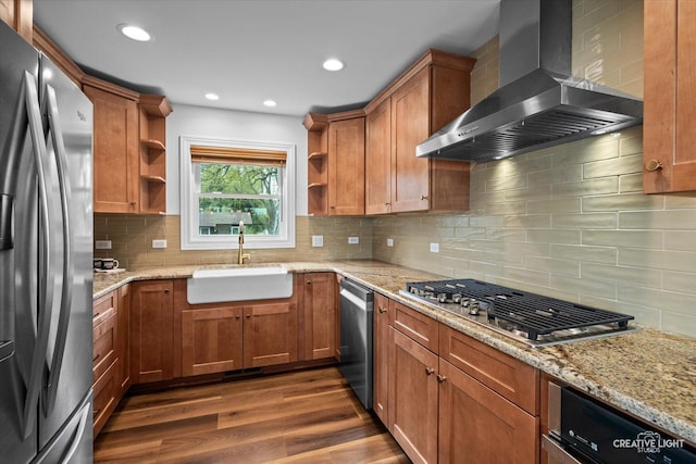 4520 W Shore Dr, Wonder Lake, IL 60097 - kitchen with appliances with stainless steel finishes, wall chimney exhaust hood, a sink, open shelves, and dark wood-style flooring