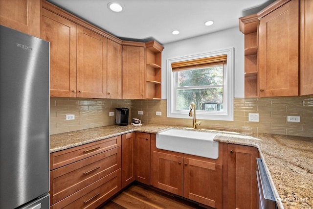 4520 W Shore Dr, Wonder Lake, IL 60097 - kitchen with freestanding refrigerator, open shelves, a sink, dark wood-type flooring, and recessed lighting