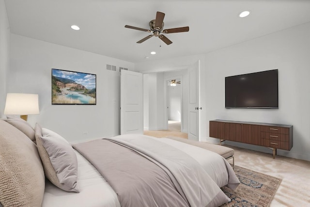 4520 W Shore Dr, Wonder Lake, IL 60097 - bedroom featuring light colored carpet, recessed lighting, baseboards, and ceiling fan