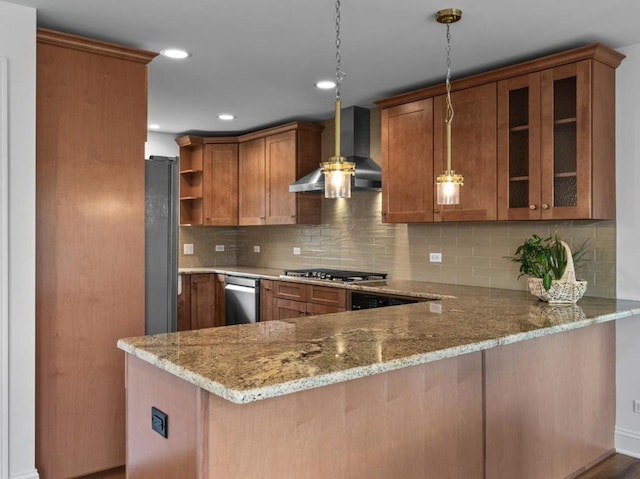 4520 W Shore Dr, Wonder Lake, IL 60097 - kitchen with wall chimney range hood, open shelves, appliances with stainless steel finishes, light stone counters, and a peninsula