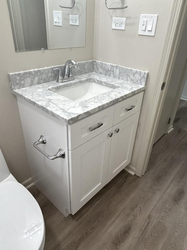 bathroom with wood finished floors and vanity