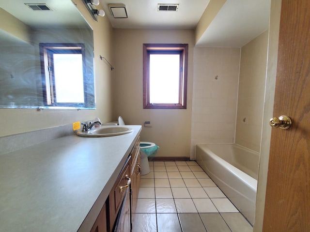full bathroom featuring vanity, tile patterned flooring, toilet, and visible vents