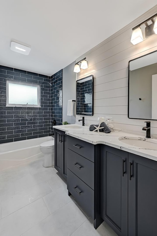 6340 Willow Springs Rd, La Grange Highlands, IL 60525 - full bathroom featuring double vanity, shower / bath combination, toilet, and tile patterned floors