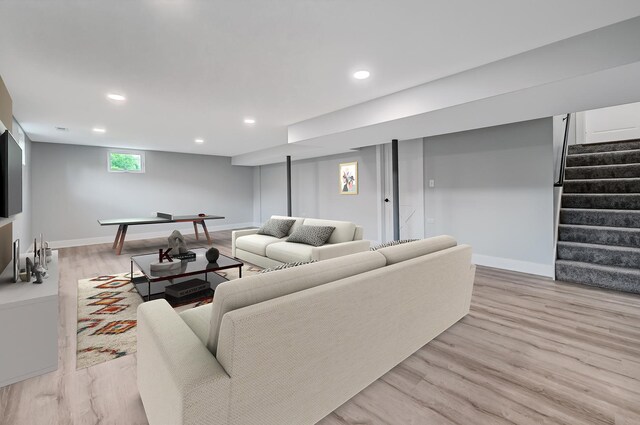 6340 Willow Springs Rd, La Grange Highlands, IL 60525 - living area with stairway, light wood finished floors, recessed lighting, and baseboards