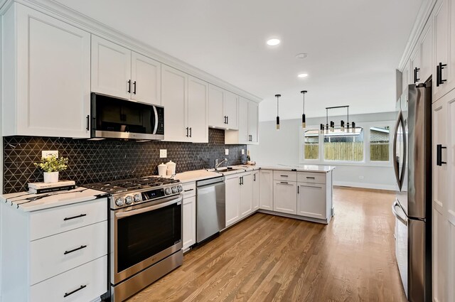 6340 Willow Springs Rd, La Grange Highlands, IL 60525 - kitchen featuring stainless steel appliances, a peninsula, light wood-style flooring, backsplash, and recessed lighting