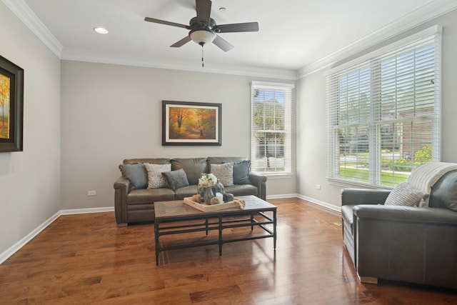 15 Red Tail Dr, Hawthorn Woods, IL 60047 - living area featuring crown molding, wood finished floors, recessed lighting, baseboards, and a ceiling fan