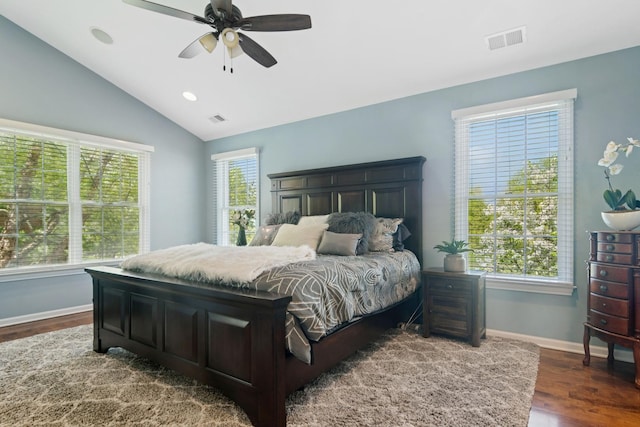 15 Red Tail Dr, Hawthorn Woods, IL 60047 - bedroom with dark wood-type flooring, multiple windows, vaulted ceiling, baseboards, and a ceiling fan