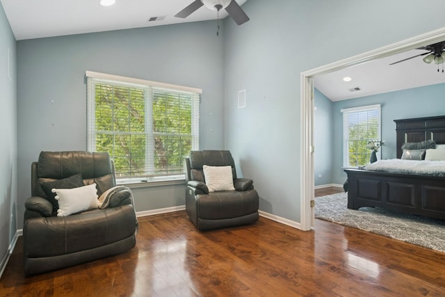 15 Red Tail Dr, Hawthorn Woods, IL 60047 - sitting room featuring ceiling fan, vaulted ceiling, wood finished floors, baseboards, and recessed lighting