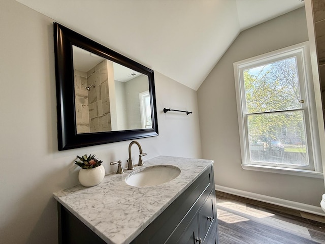 bathroom with baseboards, vaulted ceiling, wood finished floors, and vanity
