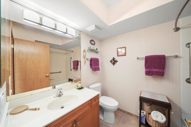 bathroom featuring tile patterned flooring, vanity, toilet, shower / bathing tub combination, and visible vents