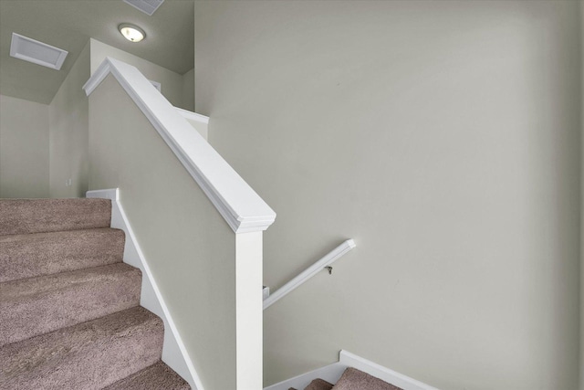 staircase featuring carpet