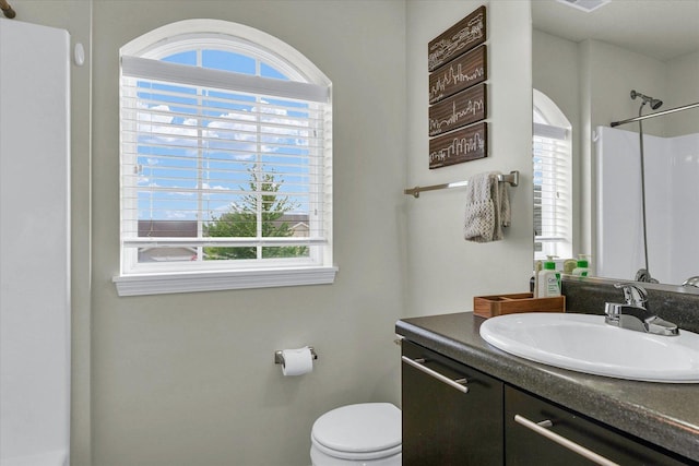 bathroom with plenty of natural light, toilet, and vanity