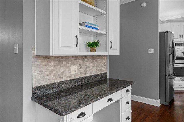 1759 Baybrook Ln, Naperville, IL 60564 - kitchen featuring appliances with stainless steel finishes, open shelves, backsplash, white cabinets, and dark wood-style flooring