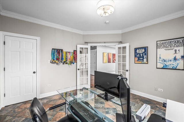1759 Baybrook Ln, Naperville, IL 60564 - office space featuring stone tile floors, baseboards, ornamental molding, and french doors