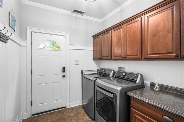1759 Baybrook Ln, Naperville, IL 60564 - washroom featuring cabinet space, washer and clothes dryer, ornamental molding, and baseboards