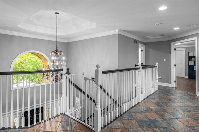 1759 Baybrook Ln, Naperville, IL 60564 - corridor with an upstairs landing, baseboards, recessed lighting, stone tile floors, and a chandelier
