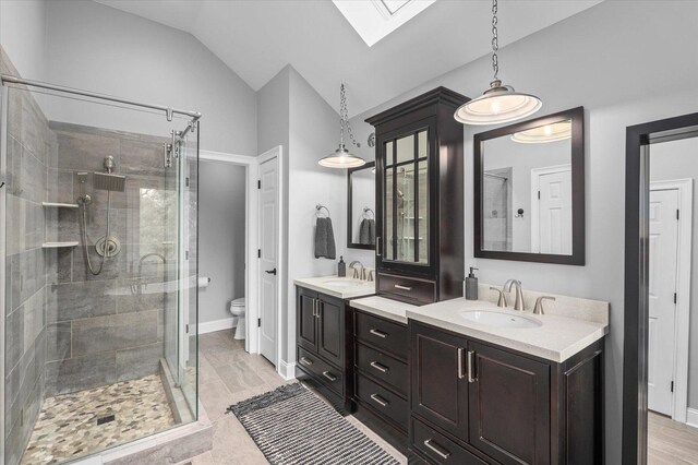 1759 Baybrook Ln, Naperville, IL 60564 - full bathroom featuring a skylight, a shower stall, vanity, toilet, and lofted ceiling