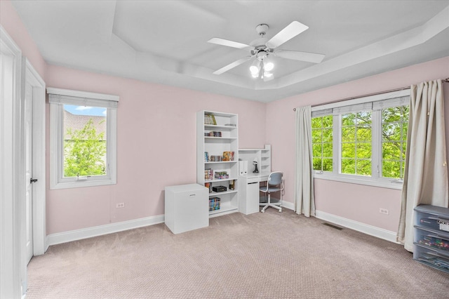 1759 Baybrook Ln, Naperville, IL 60564 - carpeted home office featuring baseboards, plenty of natural light, ceiling fan, and a raised ceiling