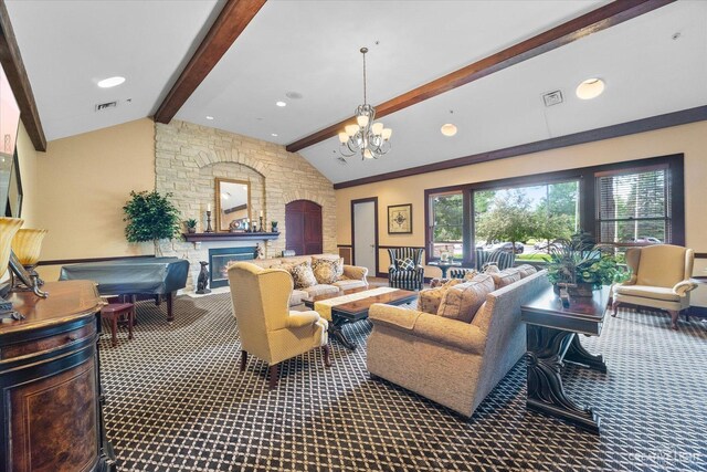1759 Baybrook Ln, Naperville, IL 60564 - living room featuring carpet floors, a fireplace, a chandelier, billiards, and recessed lighting