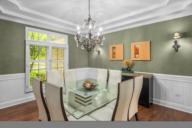 1759 Baybrook Ln, Naperville, IL 60564 - dining space with a tray ceiling, a chandelier, dark wood-type flooring, wainscoting, and ornamental molding