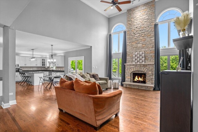 1759 Baybrook Ln, Naperville, IL 60564 - living room with a ceiling fan, a stone fireplace, dark wood-style flooring, a chandelier, and ornamental molding